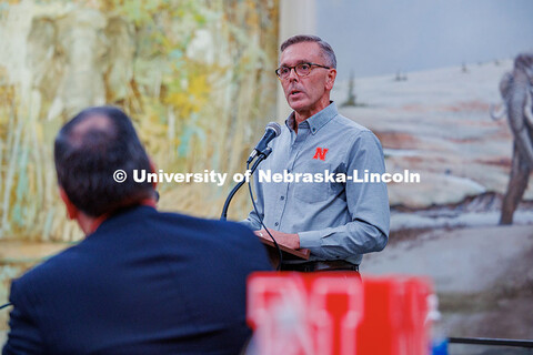 Former chancellor, Ronnie D. Green speaks during Mike Zeleny’s farewell reception in Morrill Hall.