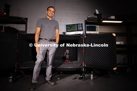 Shubhendu Bhardwaj, Associate Professor of Electrical and Computer Engineering, poses in the lab whe