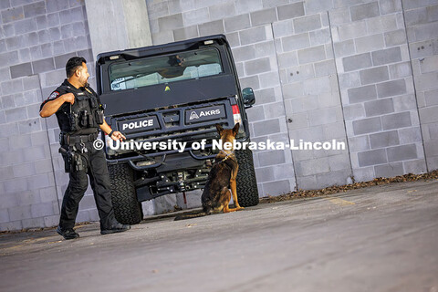 Dodger, the newest bomb-sniffing dog for UNLPD, finds a hidden scent during practice with Officer An