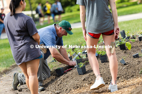 Jeff Culbertson, part of UNL's landscape services team, shows volunteers how deep to dig before plac