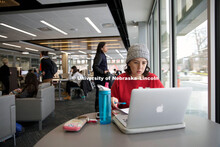 Eleanor Avery, a freshman supply chain management major, studies in Love Library's new Adele Coryell