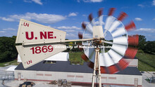 Windmill on east campus behind the Animal Science Building. At left is the new Veterinary Diagnostic