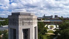 High angle view of the Mueller Bell Tower and the south part of UNL City Campus. August 3, 2017. 