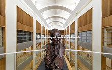 A bust of Alvin Saunders Johnson, an economists who taught at Nebraska from 1906-1908 is displayed o