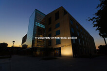 Exterior shot of Howard L. Hawks Hall, College of Business at dusk. August 17, 2018. 