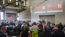 Chancellor Ronnie Green talks with deans and directors during a Town Hall meeting at Nebraska Innova