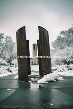 Mueller Bell tower framed by the Greenpoint sculpture surrounded by snow. January 12, 2019. 
