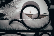 Curves in fence are covered in snow focus on the cupola of Love Library. January 12, 2019. 