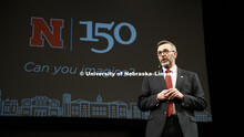 Chancellor Ronnie Green delivers his State of the University address from the Lied stage. January 15