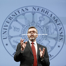 Chancellor Ronnie Green delivers his State of the University address from the Lied stage. January 15