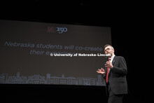 Chancellor Ronnie Green delivers his State of the University address from the Lied stage. January 15