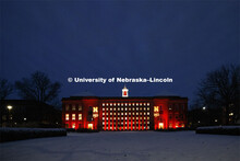 Love Library glows in the celebration and is surrounded by fresh-fallen snow. Glow Big Red bathes th