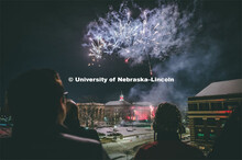 Guests at the Music and Milestones celebration viewed the fireworks display from the Lied Center ter
