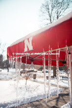 Icicles hang off the umbrellas on this snowy day at the UNL Dairy Store on East Campus. February 20,