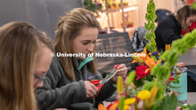 Stacy Adams class, Hort 261- Floral Design 1, in Plant Sciences Hall. Students create floral arrange