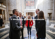 Chancellor Ronnie Green speaks with ASUN President Hunter Traynor and other UNL students in the capi
