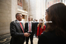 Chancellor Ronnie Green speaks with ASUN President Hunter Traynor and other UNL students in the capi