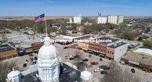 Aerial view of the Kearney County courthouse and Minden, NE, downtown. April 23, 2019. 