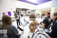 Abel Covarrubias, one of three dedicated western Nebraska recruiters, talks with interested juniors 