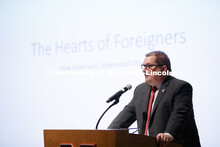 Bob Wilhelm welcomes everyone to the Nebraska Lecture. Tim Borstelmann, E.N. and Katherine Thompson 