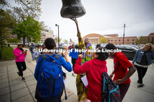Morgan Mattly leads a group of Lexington, NE, middle schools students on a tour of campus Wednesday 