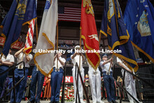 The color guard of the combined ROTC units. Undergraduate commencement at Pinnacle Bank Arena, May 4