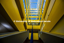 Interior view of the Atrium Building in downtown Lincoln, Nebraska. Library Innovation Studios train