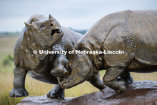 Ashfall rhinos, a sculpture by artist Gary Staab welcomes visitors to Ashfall Fossil Beds State Hist