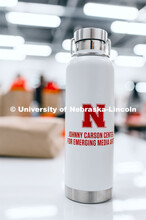 A water bottle with the Carson Center logo on it in the new Johnny Carson Center for Emerging Media 