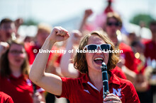 Cornhusker Marching Band claritnet player chants "GO BIG RED" at the Nebraska State Fair. The Univer
