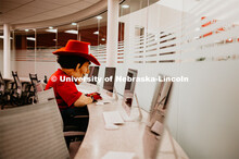 Herbie working on the computer. Herbie Husker photo shoot, pictured throughout Memorial Stadium. Sep
