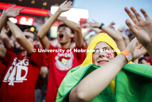 Fan dressed up like an ear of corn. Nebraska vs. Northern Illinois football game. September 14, 2019