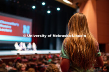 Honors students gather in the Lied Center for a town hall meeting with Chancellor Ronnie Green. Sept