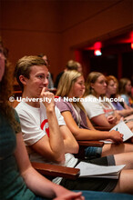 Honors students gather in the Lied Center for a town hall meeting with Chancellor Ronnie Green. Sept