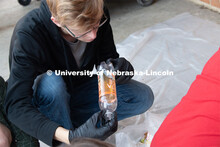 Luke Stursma from the Environmental Studies Orientation class, sorts refuse from lunch at Lincoln So