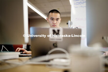 Student working on computer. Raikes school photo shoot. September 25, 2019. 