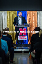 Brian Hastings, NU Foundation, makes remarks at the Carson dedication ceremony. Johnny Carson Center