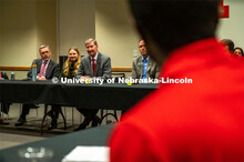 Student leaders talk with Ted Carter during the Jan. 16 pizza dinner in the Nebraska Union as part o