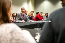 Student leaders talk with Ted Carter during the Jan. 16 pizza dinner in the Nebraska Union as part o