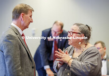 NU President Ted Carter talks with Dawn Braithwaite at the UNL faculty lunch as part of his UNL camp
