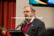 Rick Alloway, Associate Professor of Broadcasting, speaks at The State of Our University address. Th