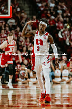 Cam Mack gives a salute after scoring. Nebraska vs. Wisconsin State University men’s basketball ga