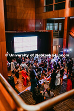 Huskers dance in formal attire during the 2020 OASIS Love Gala in the Wick Alumni Center. It is the 