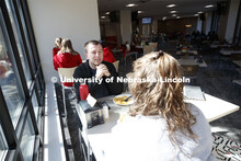 East Campus Dining Center photo shoot. Students eating and socializing at the East Campus Dining Cen