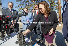 Senator Deb Fischer looks over auger bits used by NIMBUS Lab drones to implant remote sensors. Senat