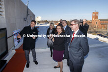 Atop Andersen Hall's roof, Senator Deb Fischer learns about the Agricultural Internet of Things (Ag-