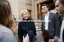 Senator Lou Linehan talks with students including, at right, Drew Harrahill, a senior in biochemistr