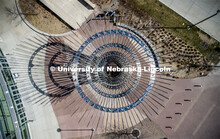 High angle view of the Harvest sculpture in front of the Pinnacle Bank Arena in Haymarket. The sculp