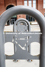 An empty bicycle rack sits outside the Food Innovation Center at Nebraska Innovation Campus. March 2
