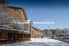 Van Brunt Visitor’s Center and Love Library South are covered in snow. An April snowstorm leaves c